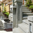 A diptych showing nicely-desisgned concrete stairs leading up from the sidewalk.