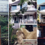 A triptych showing the progress of excavation and construction of a new foundation under a 19th century house on a steep hill.