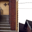 A diptych showing a concrete staircase with a brick wall, and looking up at a brick chimney.