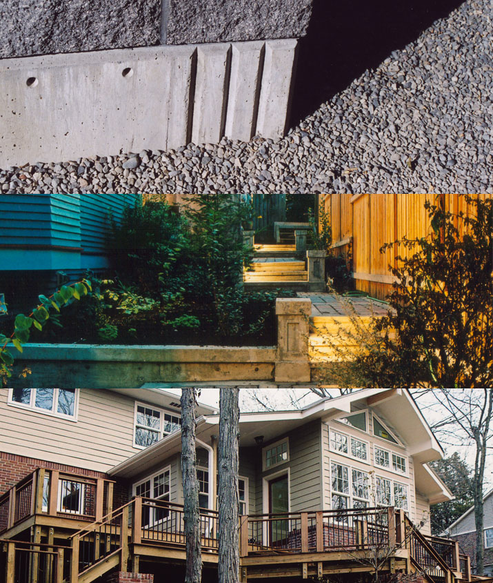 A triptych of projects by Michael Quirk: A close up of a concrete foundation, an illuminated walkway, and a sunroom and deck renovation.