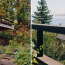 A diptych showing a nicely designed modern deck on a house with landscaping in front, and view of puget sound over the railing of the deck.