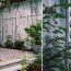 A diptych showing a brick patio with a tall concrete retaining wall and lush vegetation, and a detail of a column of faces molded in concrete.