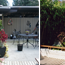 A diptych showing a private patio and a raised garden bed made of concrete with a wooden sitting surface on top.