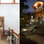 A diptych showing an upstairs landing with clerestory windows, bamboo floors, warm wood trim, and a nighttime exterior view of a modern home on a hill with a stone and concrete walkway and steps and inviting accent lighting.