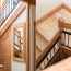 A diptych showing details of custom woodwork and stairwell.