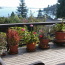 A deck with flower planters, deck furniture, and a sweeping view of puget sound.